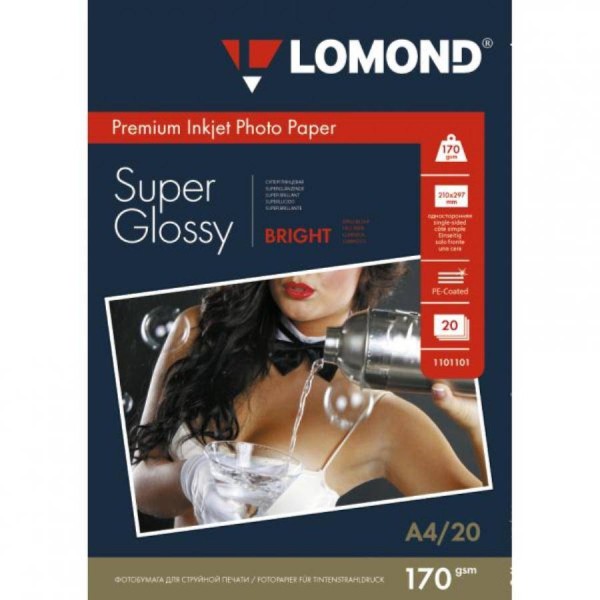 Фотобумага LOMOND Высококачественная Супер Глянцевая, 170г/м2,A4 (21X29,7)/20л.
